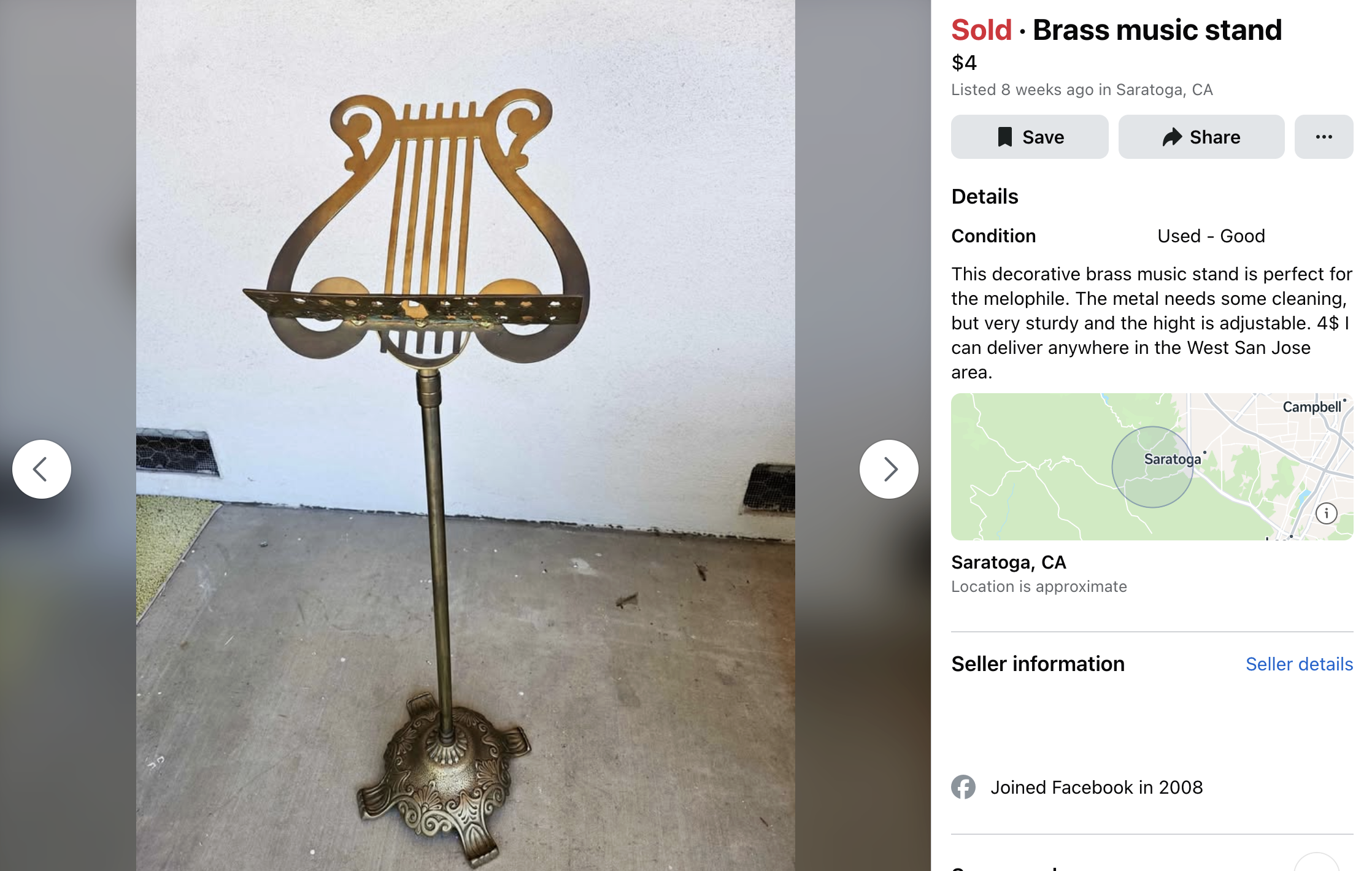 A screenshot of a Facebook Marketplace listing for a brass music stand selling for $4 in Saratoga, CA. The description says "This decorative brass music stand is perfect for the melophile. The metal needs some cleaning, but very sturdy and the hight is adjustable. 4$ I can deliver anywhere in the West San Jose area."