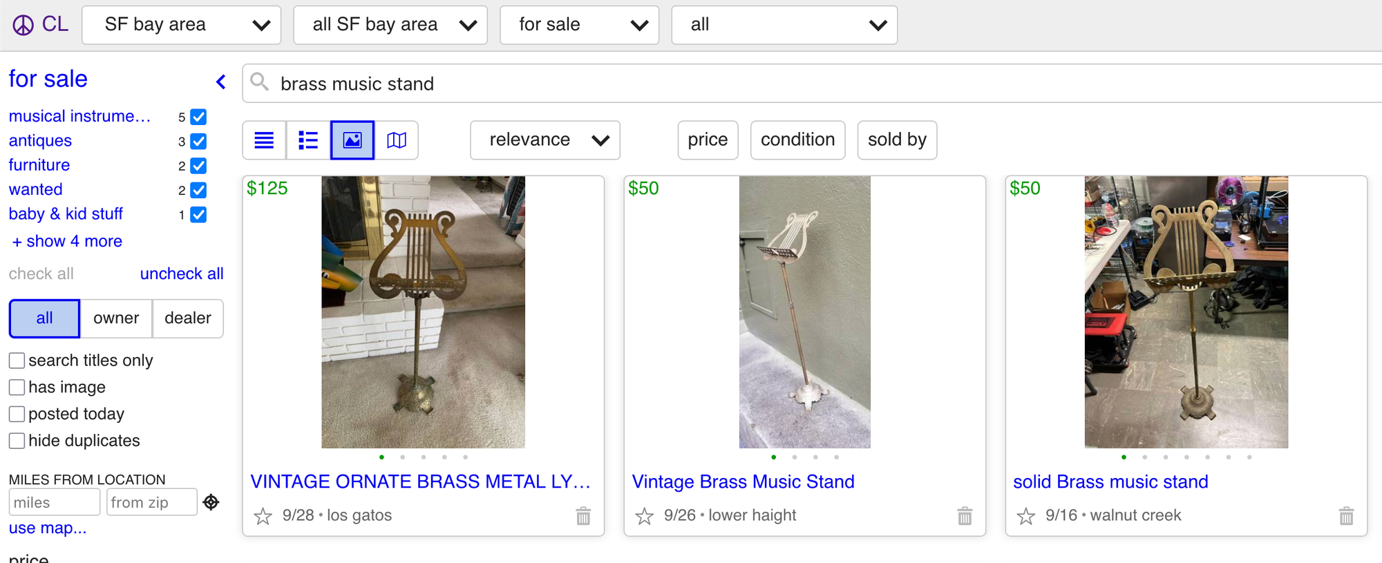 A Craigslist screenshot showing three results for "brass music stand" in the SF Bay Area