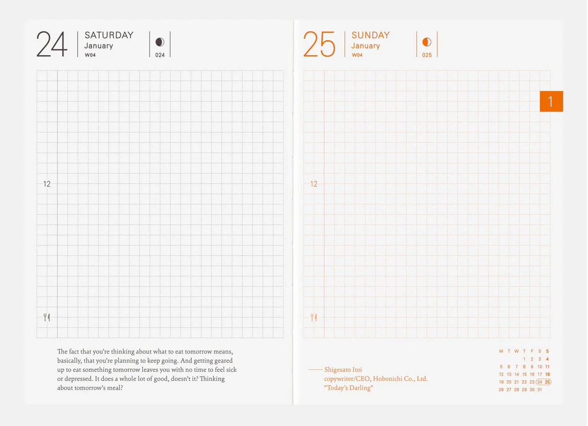Two daily pages from the Hobonichi Techo planner. On the left is Saturday, January 24 and on the right is Sunday, January 25. At the bottom is a quote from the CEO.