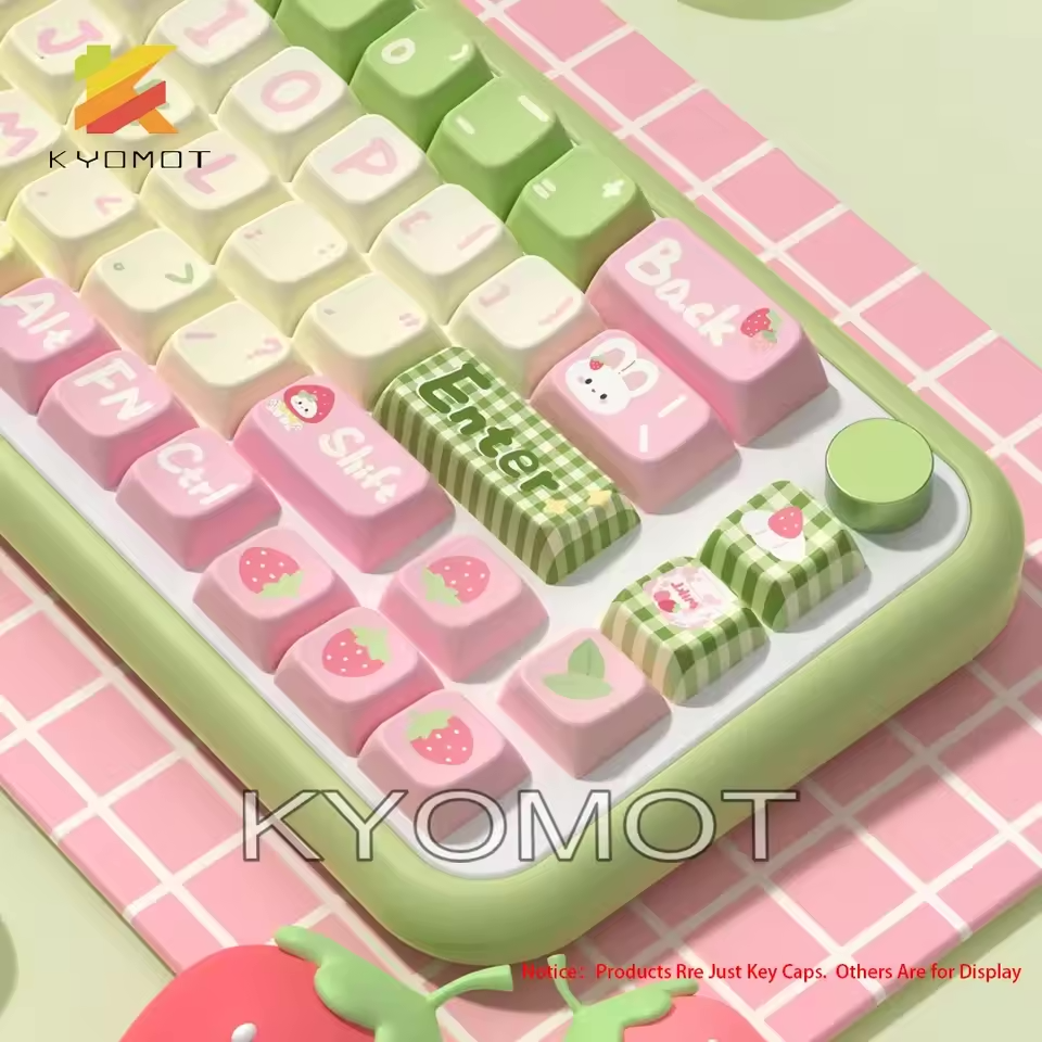 A product photo of a pastel pink and green strawberry-themed keycap set with the company's name "KYOMOT" watermarked over it.